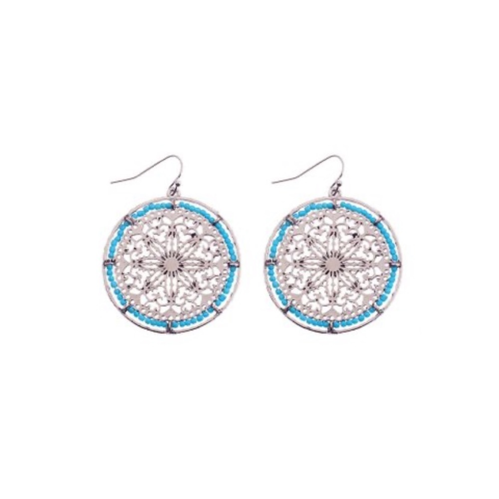 Blue & Silvertone Filigree Drop Earrings